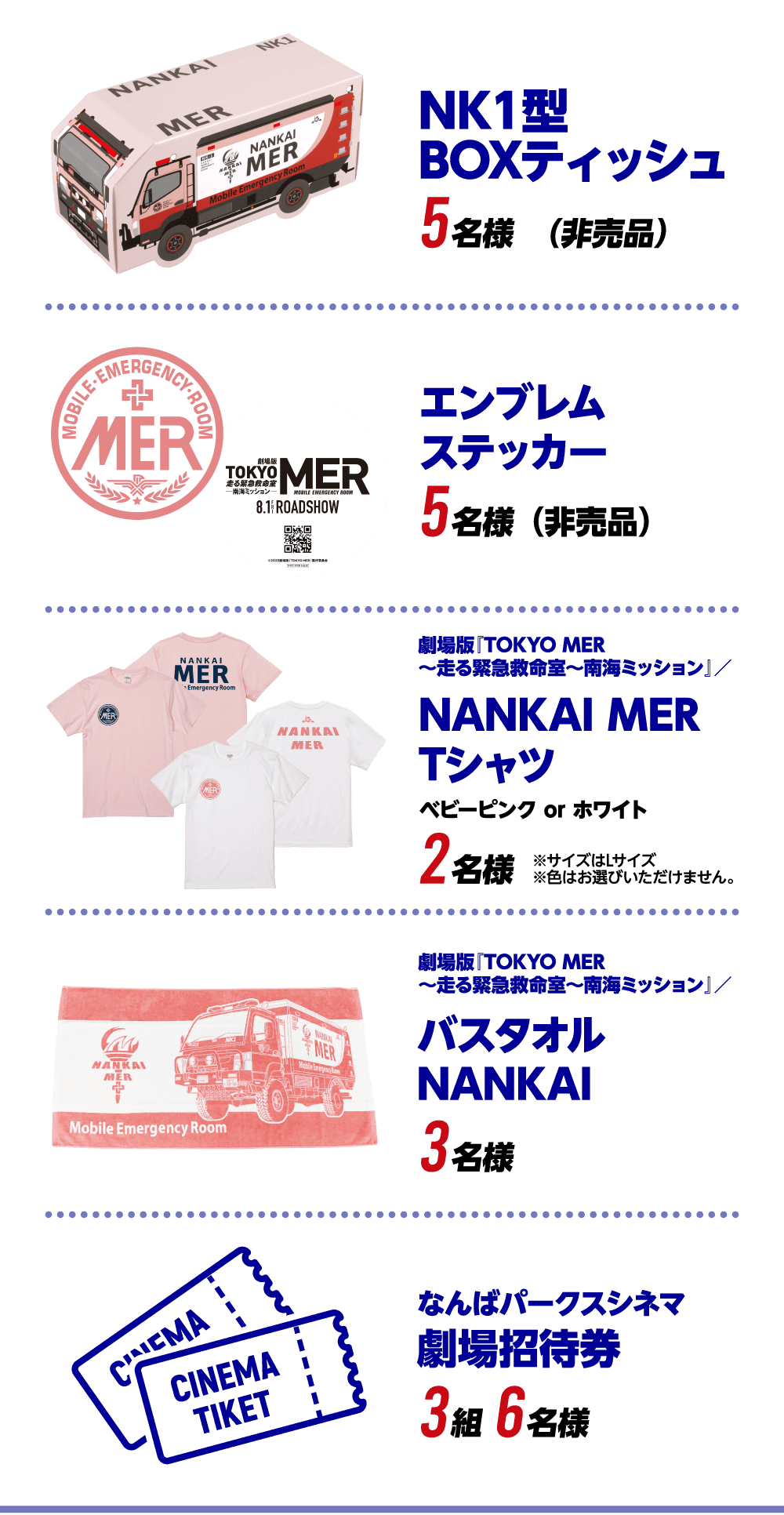 NK1型 BOXティッシュ5名様(非売品) エンブレム ステッカー5名様(非売品)  NANKAI MER Tシャツ2名様 バスタオル NANKAI 3名様  なんばパークスシネマ 劇場招待券 3組6名様