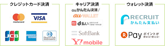 DC、VISA、MASTER、JCB、AMEX、DISCOVER、au、dケータイ払いプラス、Softbank、リクルートかんたん支払い、楽天ペイ