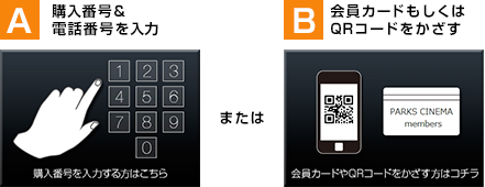 A 購入番号&電話番号を入力 B 購入完了メールにあるQRコードかざす